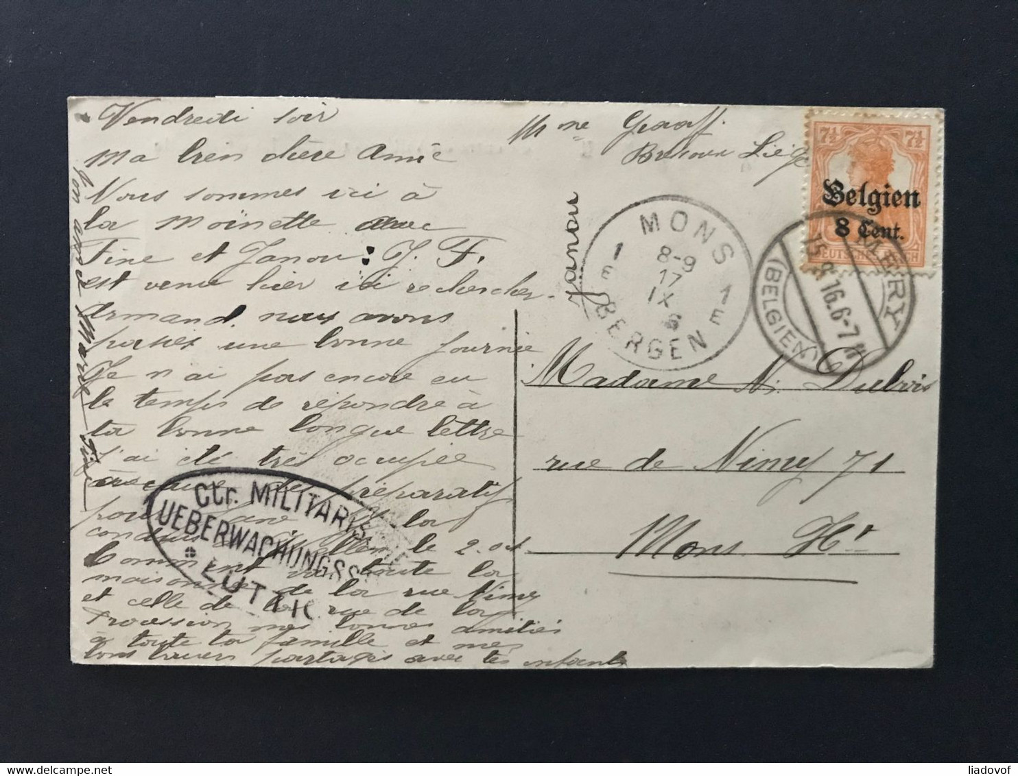 OC 13 Postkaart MERY (BELGIEN) Naar MONS 1E BERGEN Ovale Censuurstempel "CTR. MILITARISCHE UEBERWACHUNGSSTELLE LUTTICH" - OC1/25 Gouvernement Général