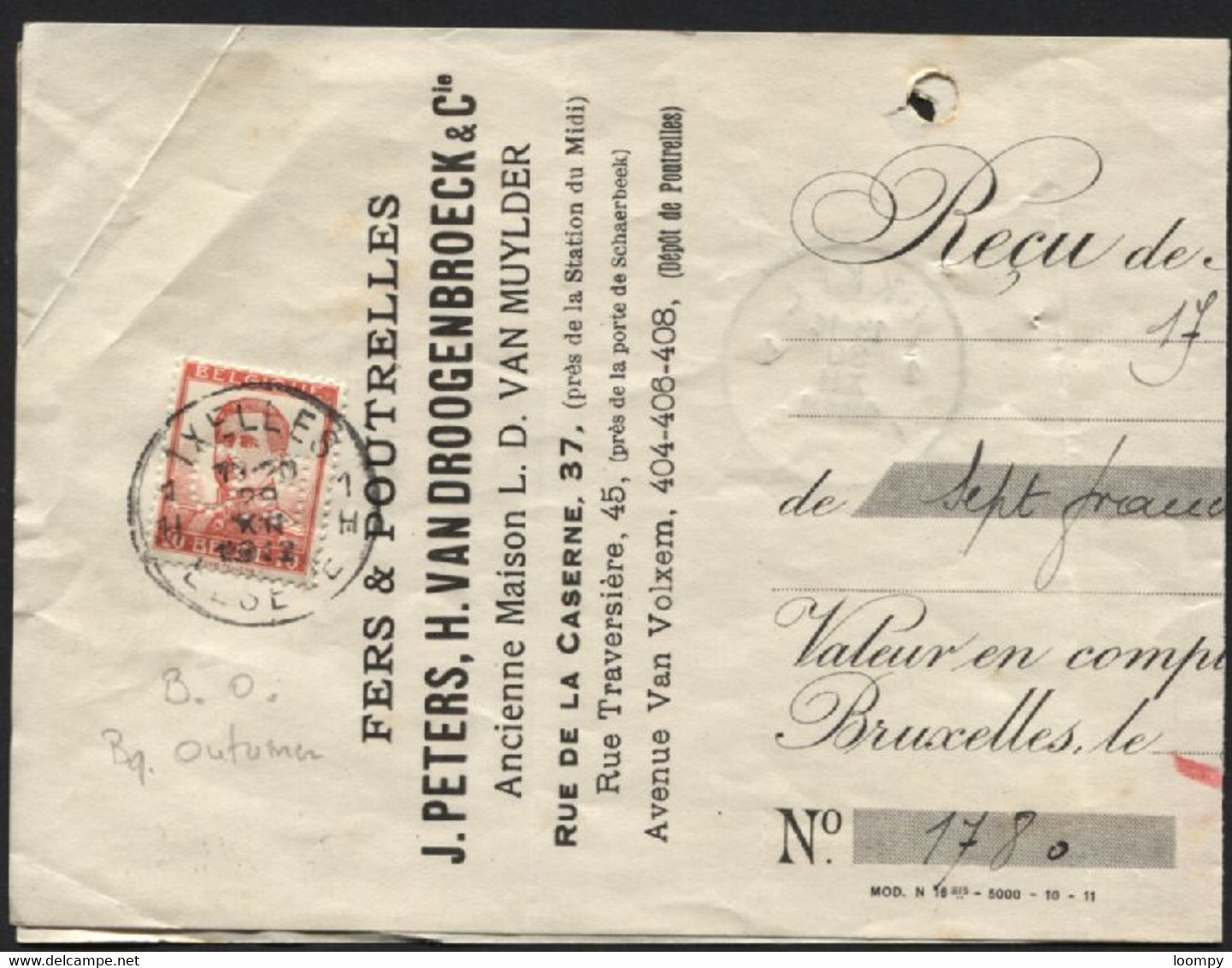 Pellens 10c Perforé B.O. (Banque D'Outremer) Obl. IXELLES Sur Reçu 1912 (x234) Perfin Perfined Lochung - 1909-34