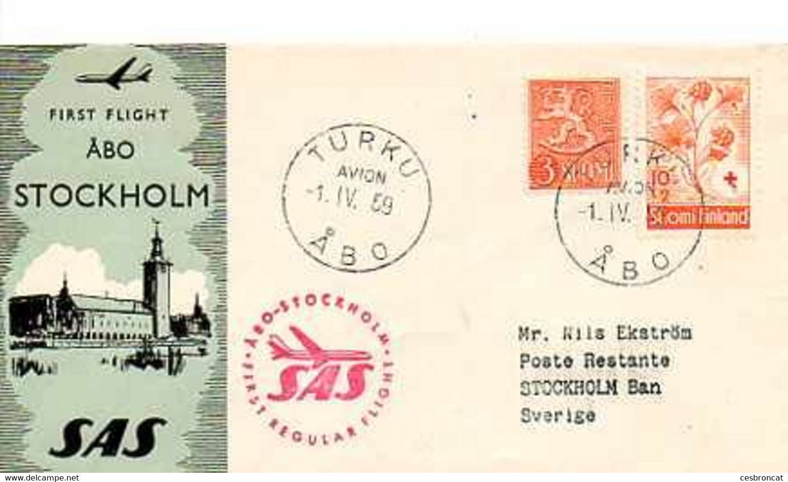 F 4 1959  Liaison Aerienne Turku Stockholm - Covers & Documents