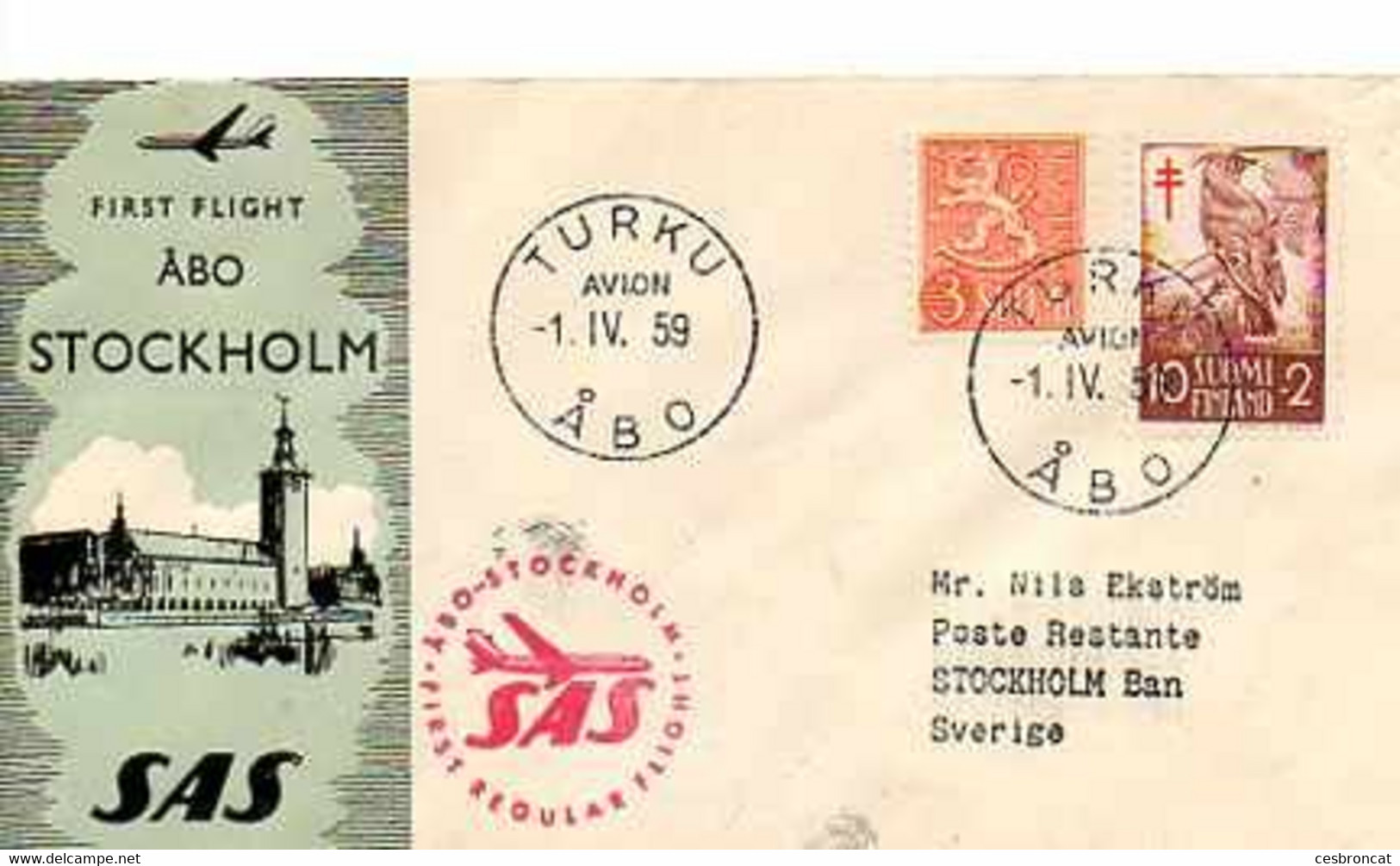 F 4 1959  Liaison Aerienne Turku Stockholm - Storia Postale