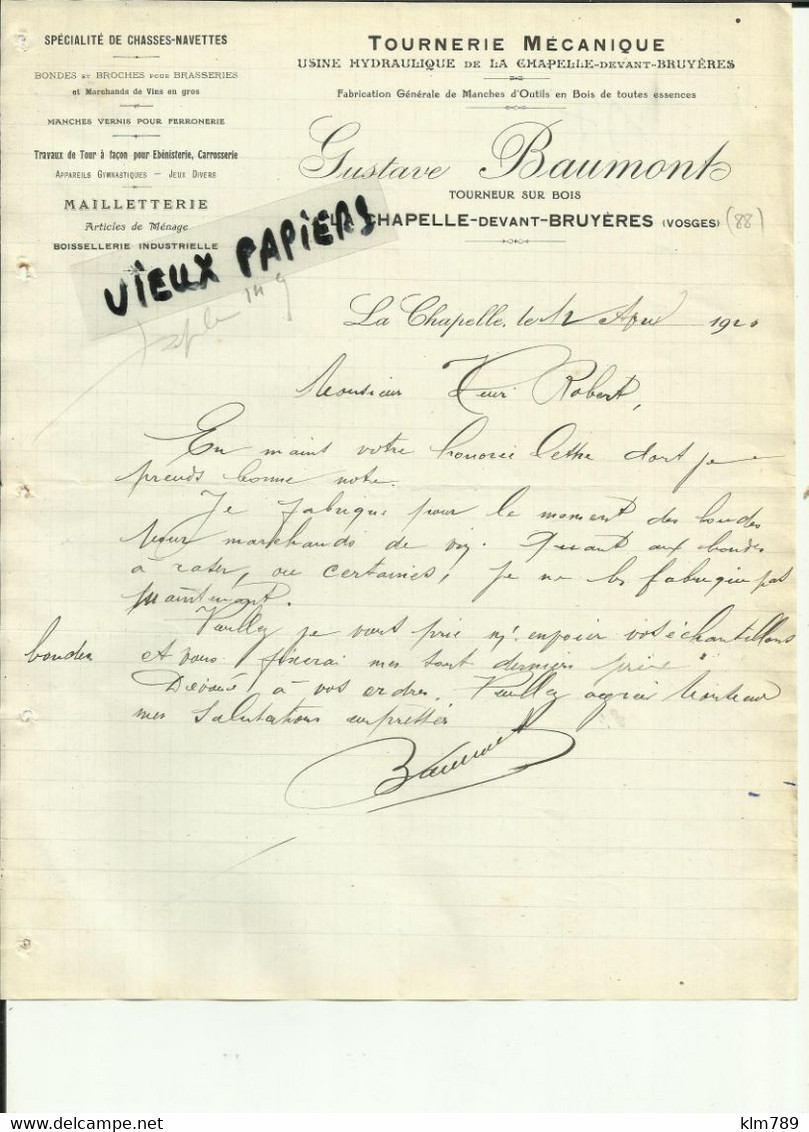88 - Vosges - La Chapelle Devant Bruyères - Facture Gustave Baumont - Tournerie  - 1920 - Réf.48. - 1900 – 1949