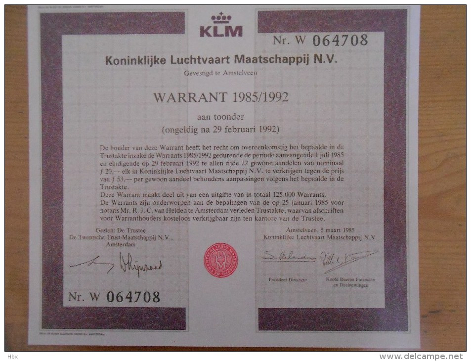 KLM Warrant 1985  // Air France KLM Group - Aviazione