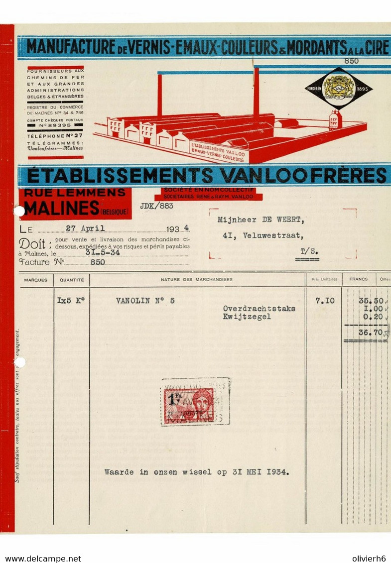 VP FACTURE BELGIQUE 1934 (V2030) VAN LOO FRERES (1 Vue) Manufacture Vernis émaux Couleurs Rue Lemmens Mechelen Malines - Droguerie & Parfumerie