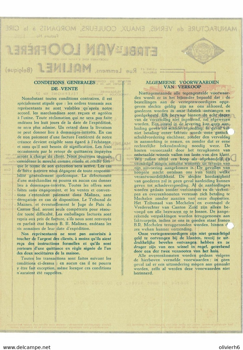 VP FACTURE BELGIQUE 1938 (V2030) VAN LOO FRERES (1 Vue) Manufacture Vernis émaux Couleurs Rue Lemmens Mechelen Malines - Chemist's (drugstore) & Perfumery