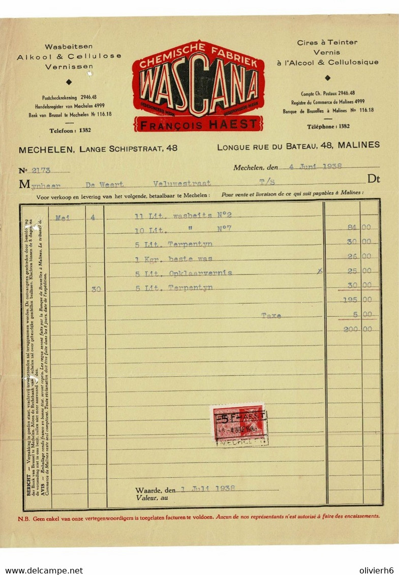 VP FACTUUR BELGIE 1938 (V2030) Chemische Fabriek WASCANA (1 Vue) François Haest Lange Schipstraat 48 MECHELEN - Drogisterij & Parfum