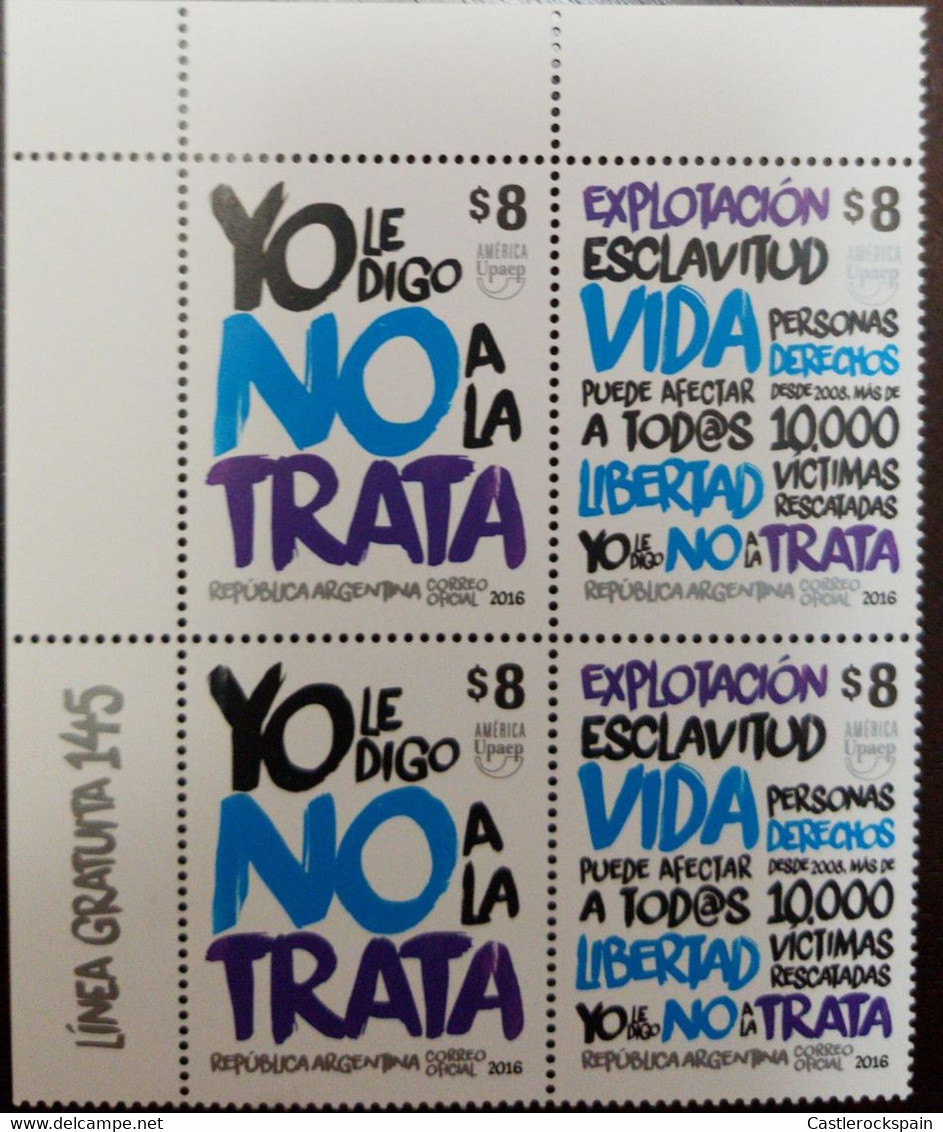 O) 2016 ARGENTINA, AMERICA UPAEP, EXPLOITATION, SLAVERY, NO TO TRAFFICKING,  PAIR MNH - Unused Stamps