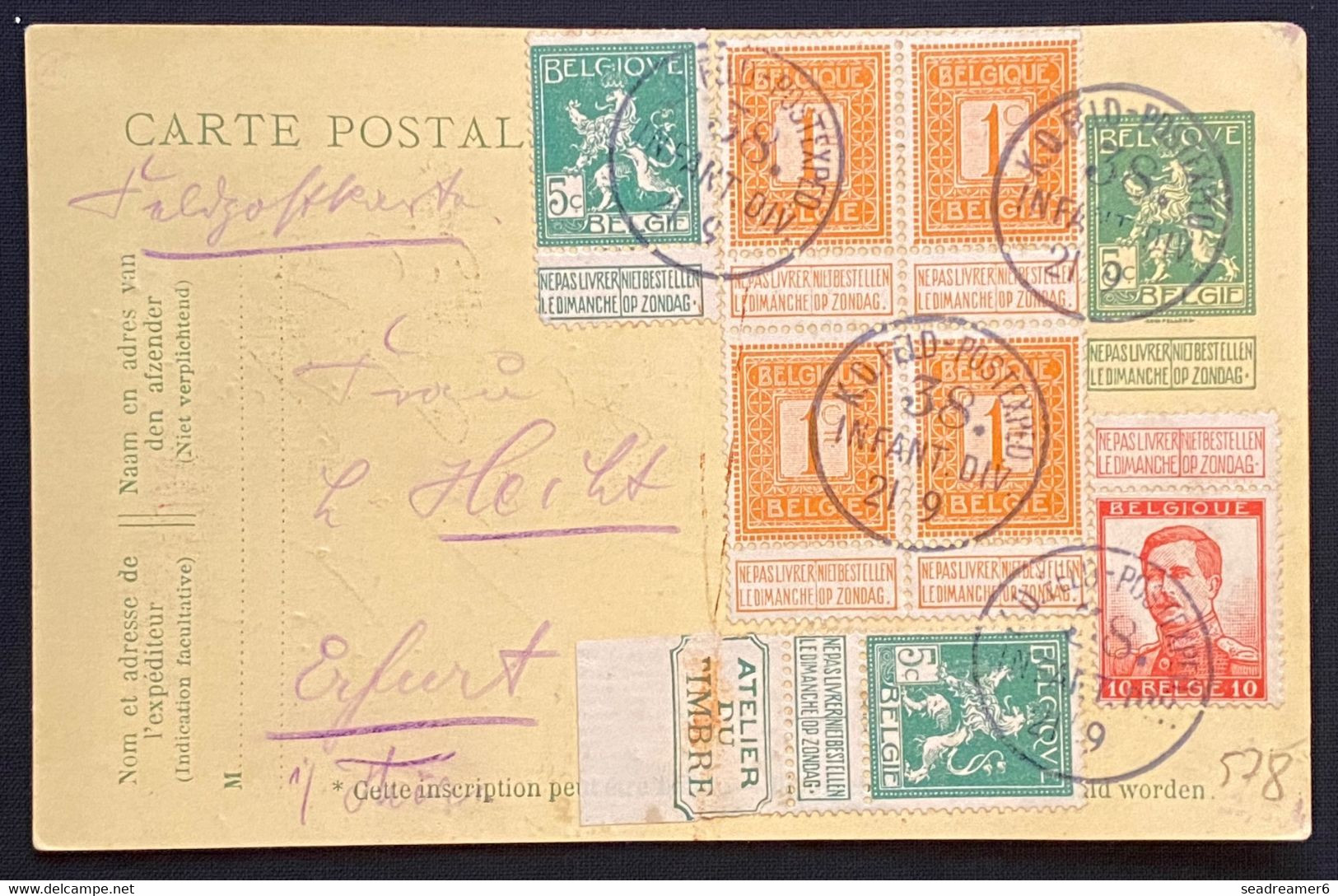 Belgique Lettre N°108 X4, 110 X3 (dont 1 Bande Atelier Du Timbre) Obl "feldpost 38 Infant Div" Pour Erfurt Allemagne RR - Esercito Belga