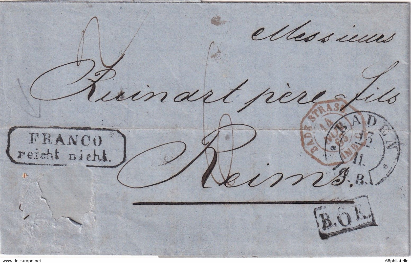 BADE 1863 LETTRE POUR REIMS - Storia Postale