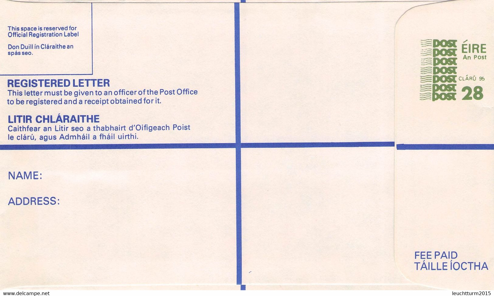 IRELAND - STATIONARY REGISTERED LETTER 28p Unc  /Q57 - Postal Stationery