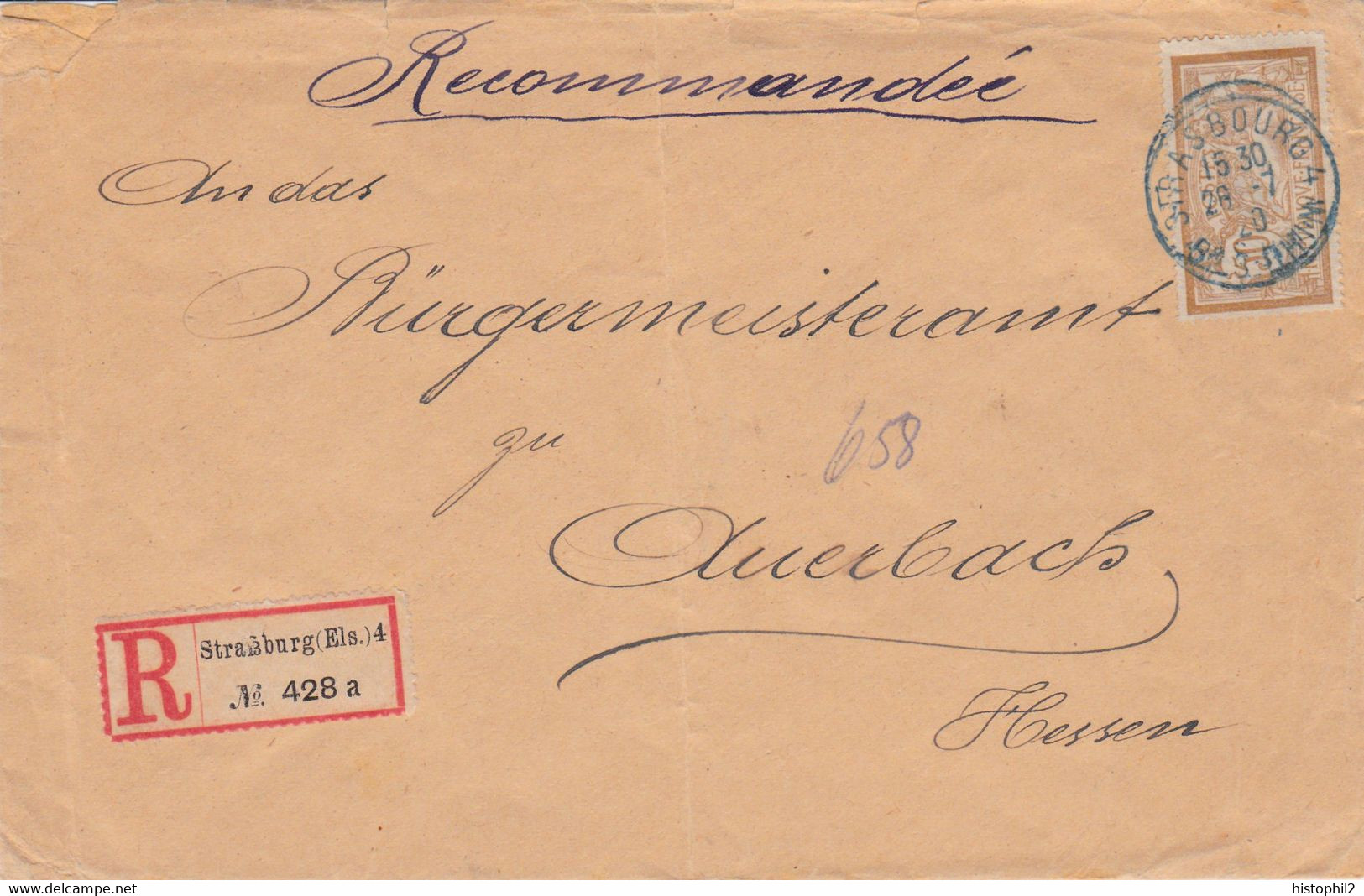 50c Merson Seul Sur LR Strasbourg 4 Obl Bleue Du 28/7/1920 Pour Auerbach En Hesse (Allemagne) étiq Encore Allemande - Briefe U. Dokumente