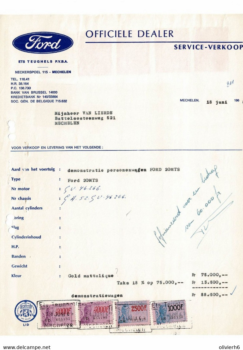 VP FACTURE BELGIQUE 1969 (V2030) FORD Ets TEUGHELS (1 Vue) Neckerpoel 115 MECHELEN Timbres Fiscaux 13500 +8428 FB - Automobilismo