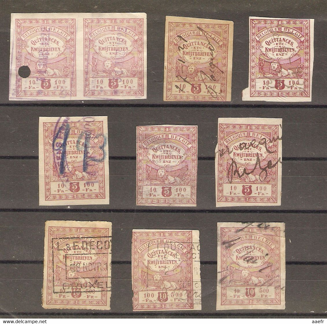 Belgique - Quittances - Petit Lot De 10 Timbres Fiscaux - 5 Et 10 C - Annulation Manuelle Et Mécanique - Stamps