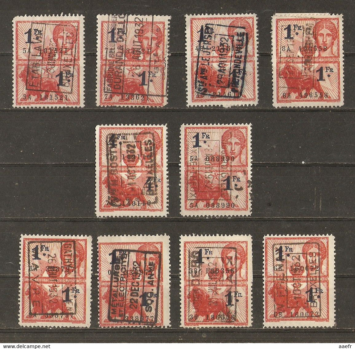 Belgique 1932 - 1 Franc  - Petit Lot De 10 Timbres Fiscaux - Stamps