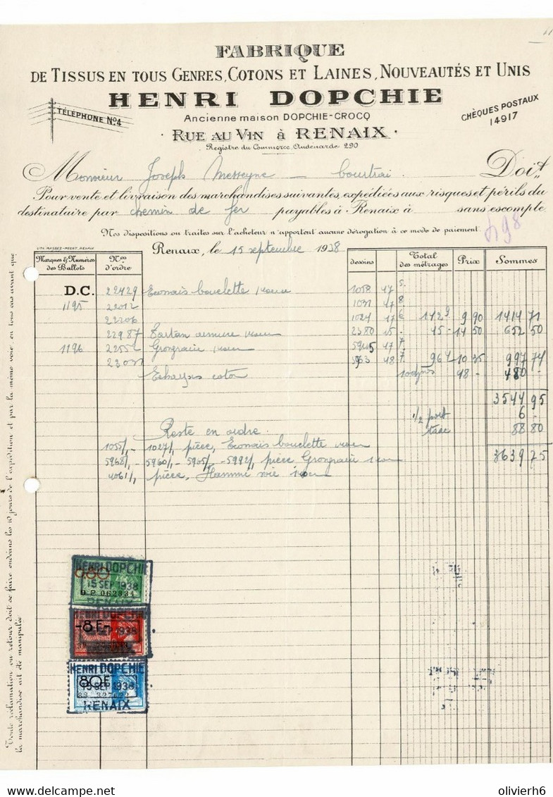 VP FACTURE BELGIQUE 1938 (V2030) Fabrique De Tissus HENRI DOPCHIE (1 Vue) Rue Au Vin, à RENAIX RONSE - Kleding & Textiel