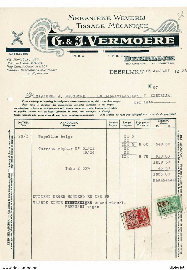 VP FACTURE BELGIQUE 1938 (V2030) Tissage Mécanique G & J VERMOERE (1 Vue) DEERLIJK Bij Kortrijk - Vestiario & Tessile