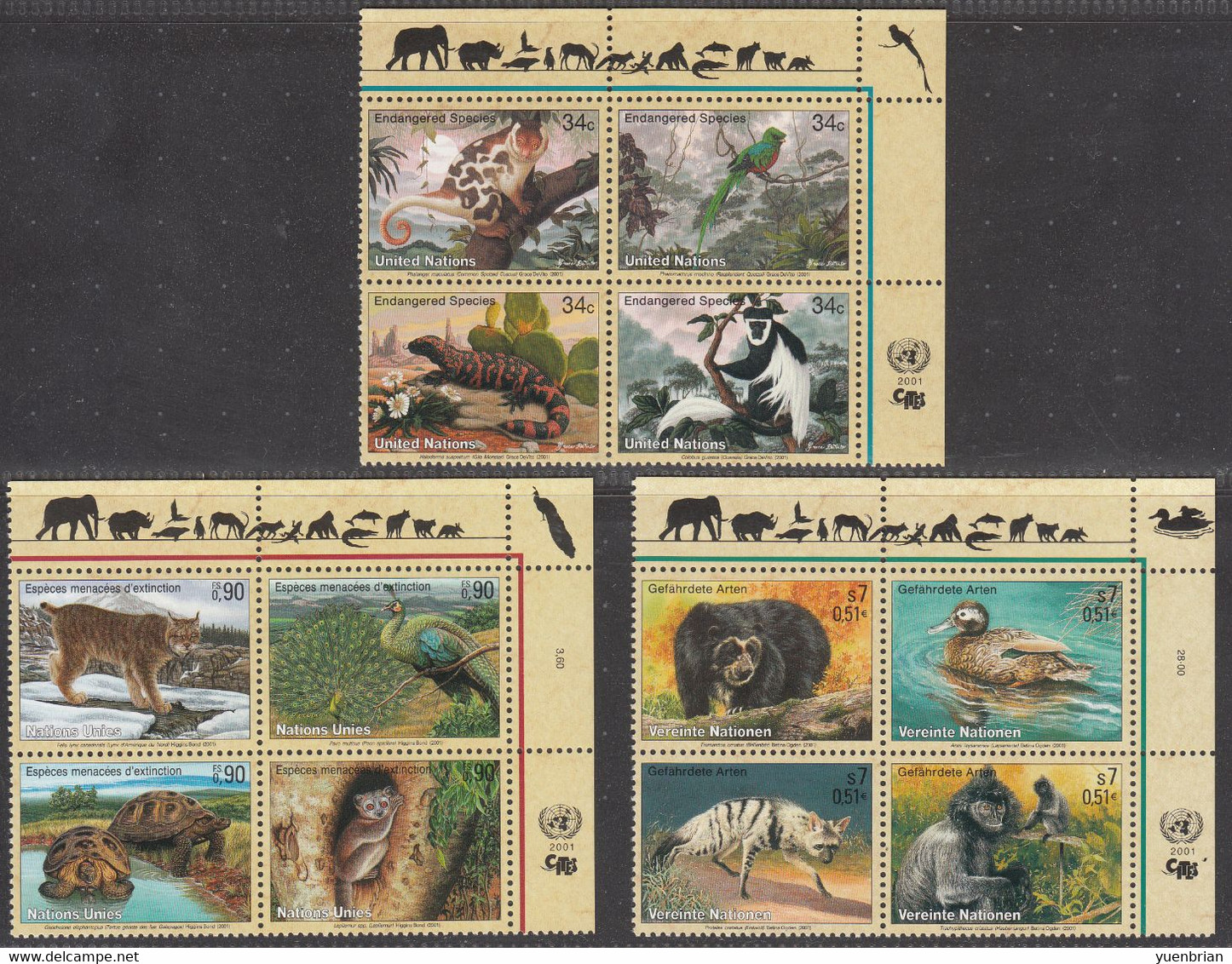 United Nations, 2001 Bird, Birds, Monkey, Peacock, Turtle, Duck, 3x Block Of 4v, MNH** - Peacocks