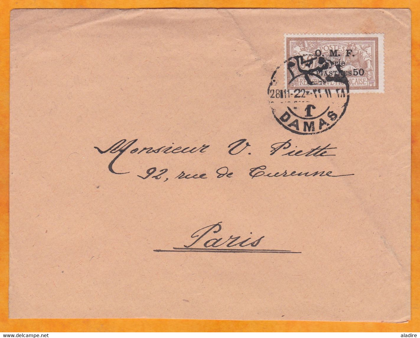 1922 - Enveloppe De Damas, Syrie Vers Paris, France - OMF - Affrt 2 Piastres 50 Centièmes Merson Surchargé - Brieven En Documenten
