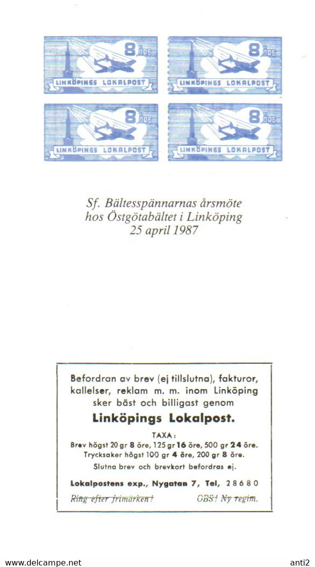 Sweden 1987 Reprint Linköping Local Post, Blue 8 øre In Bloc Of Four  - See Back Side For Rates - Ortsausgaben