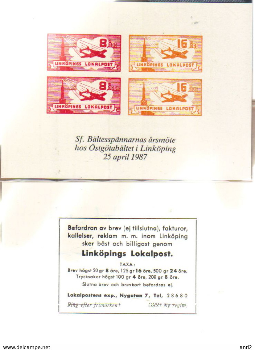 Sweden 1987 Reprint Linköping Local Post, Red 8 øre And Orange 15 øre In Bloc Of Four  - See Back Side For Rates - Local Post Stamps