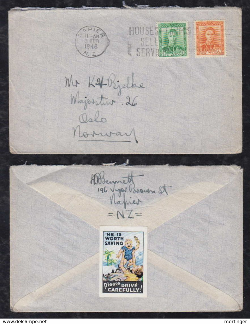 New Zealand 1948 Airmail Cover NAPIER To OSLO Norway Car Cinderella Maori Postcards Inside - Cartas & Documentos