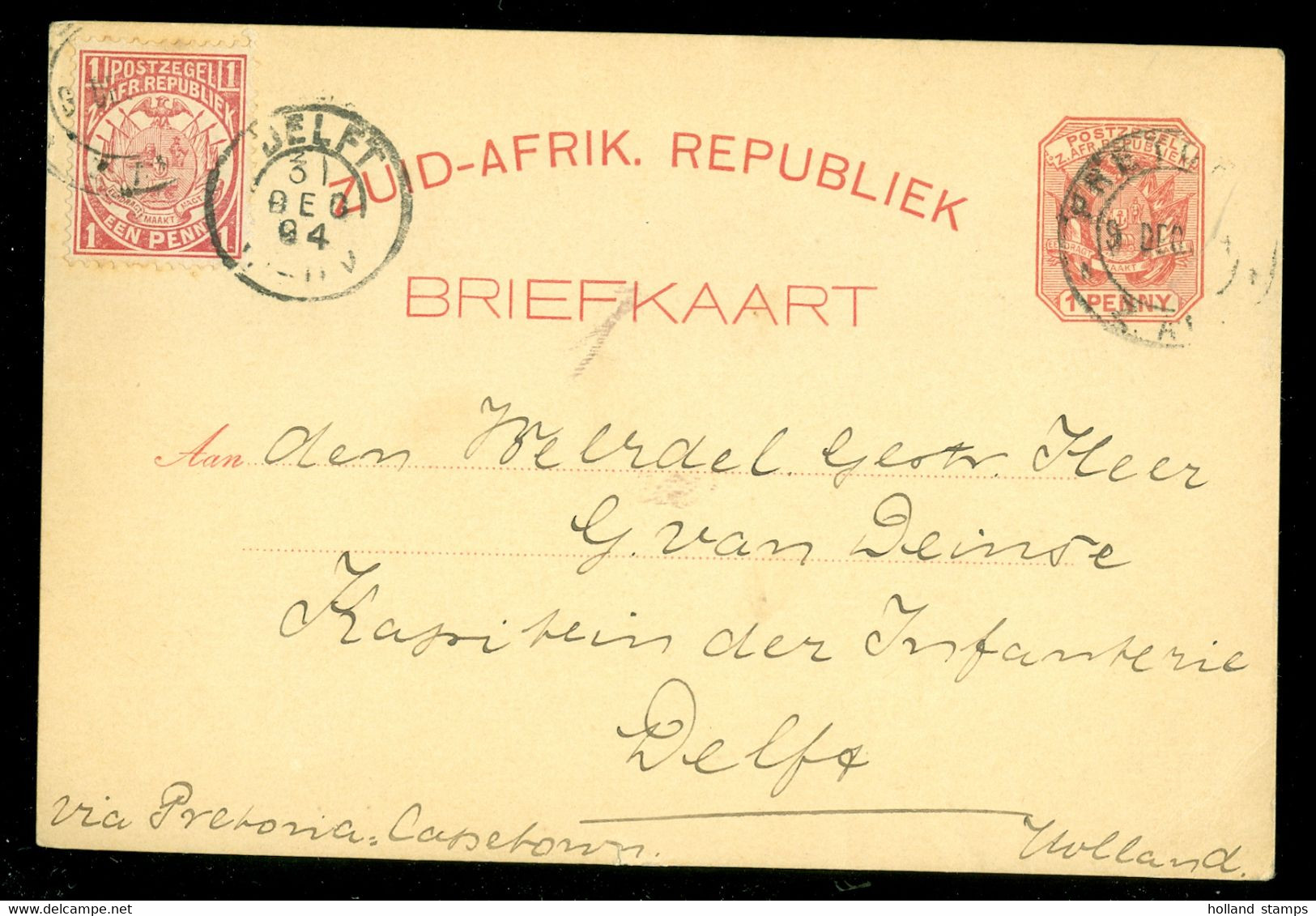 HANDGESCHREVEN BRIEFKAART South Africa Afrique Du Sud * Zuid-Afrika Republiek * Uit 1894 Gelopen Naar DELFT (11.867p) - Orange Free State (1868-1909)