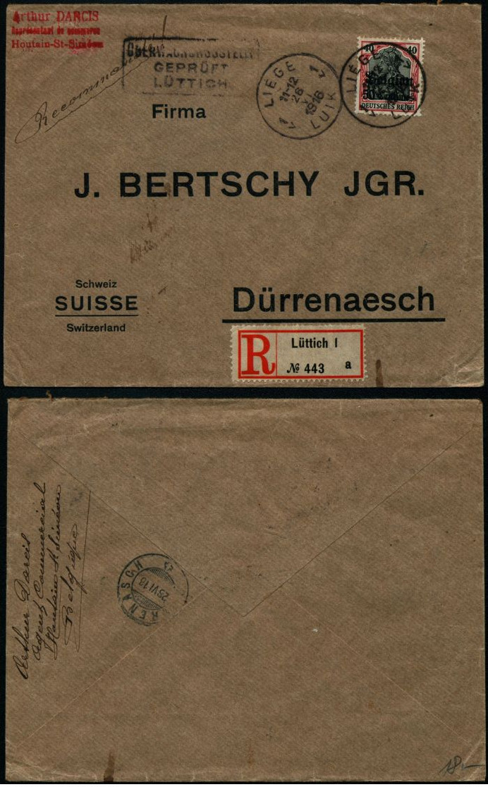 DEL008 - Lettre Recommandée Occupation De Liège à Durrenasch ( Suisse Switzerland ) 1916 - Altri & Non Classificati