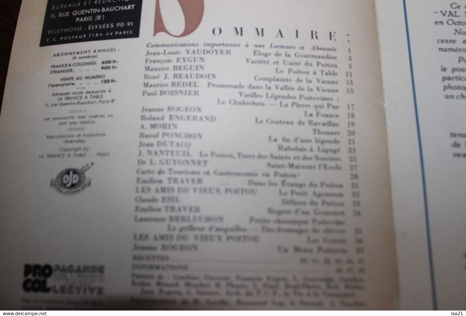 LA FRANCE A TABLE: POITOU N° 25: 1950: Gastronomie, Vieilles Légendes, Rabelais, St Maixent L'école, Couteau Ravaillaic. - Tourism & Regions