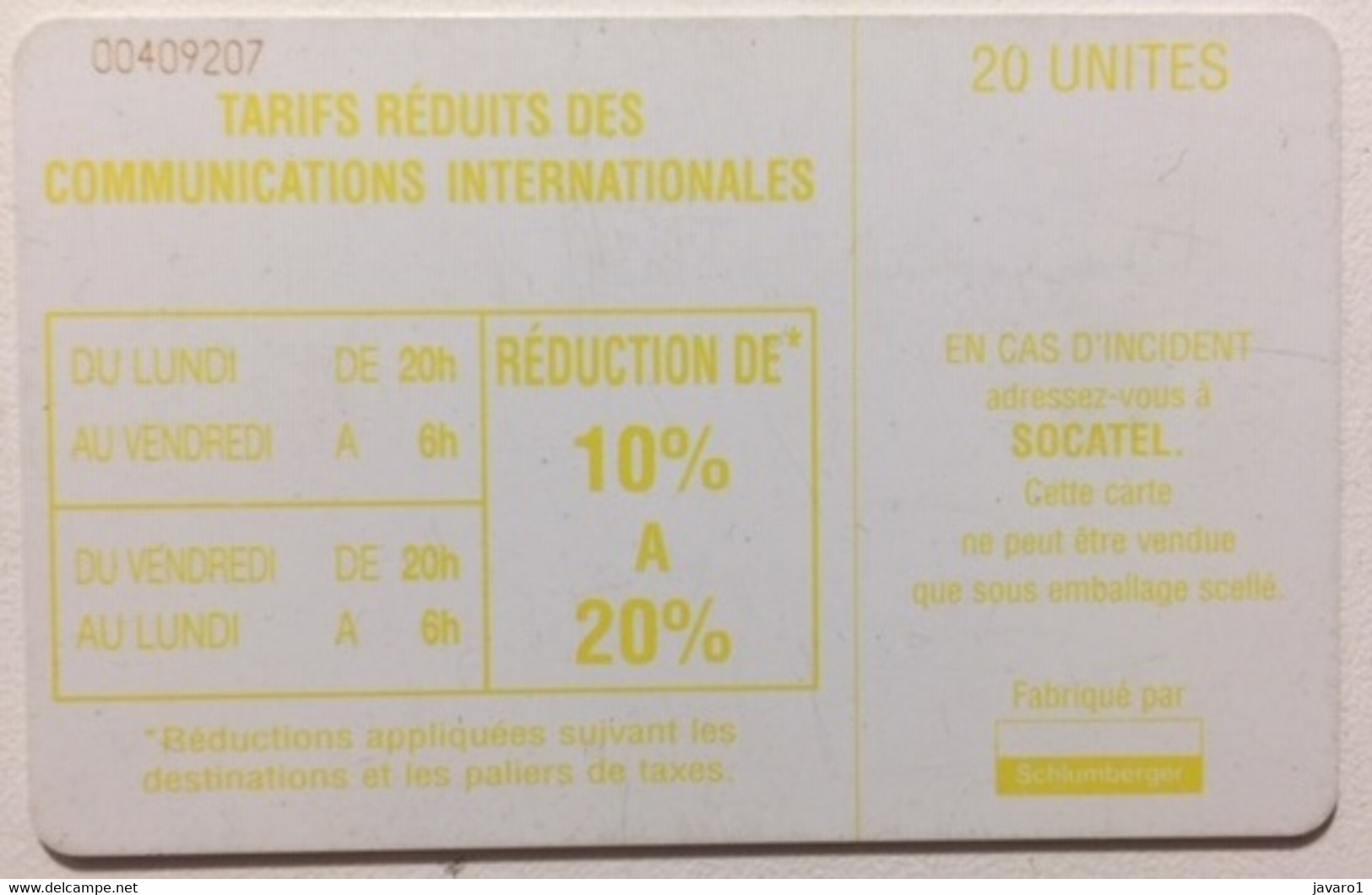 CENTRAFR : CAR20 20u Yellow SI-7 ISO Tariffs USED - Zentralafrik. Rep.