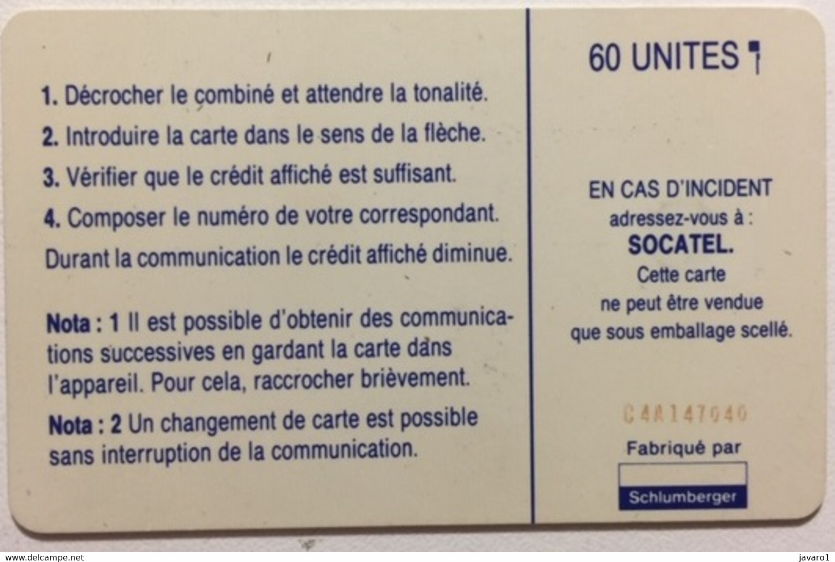 CENTRAFR : CAR16A 60u SOCATEL Blue  SI-7 Nologo+batchnr USED - Centrafricaine (République)