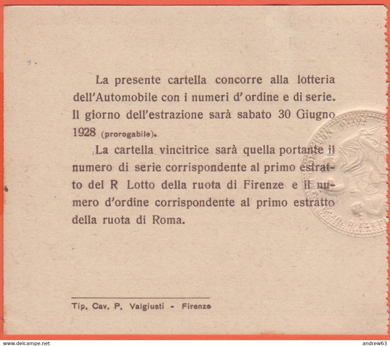 Regio Automobile Club D'Italia - Sede Di Firenze - 1928 - Lotteria Dell'Automobile - Billetes De Lotería