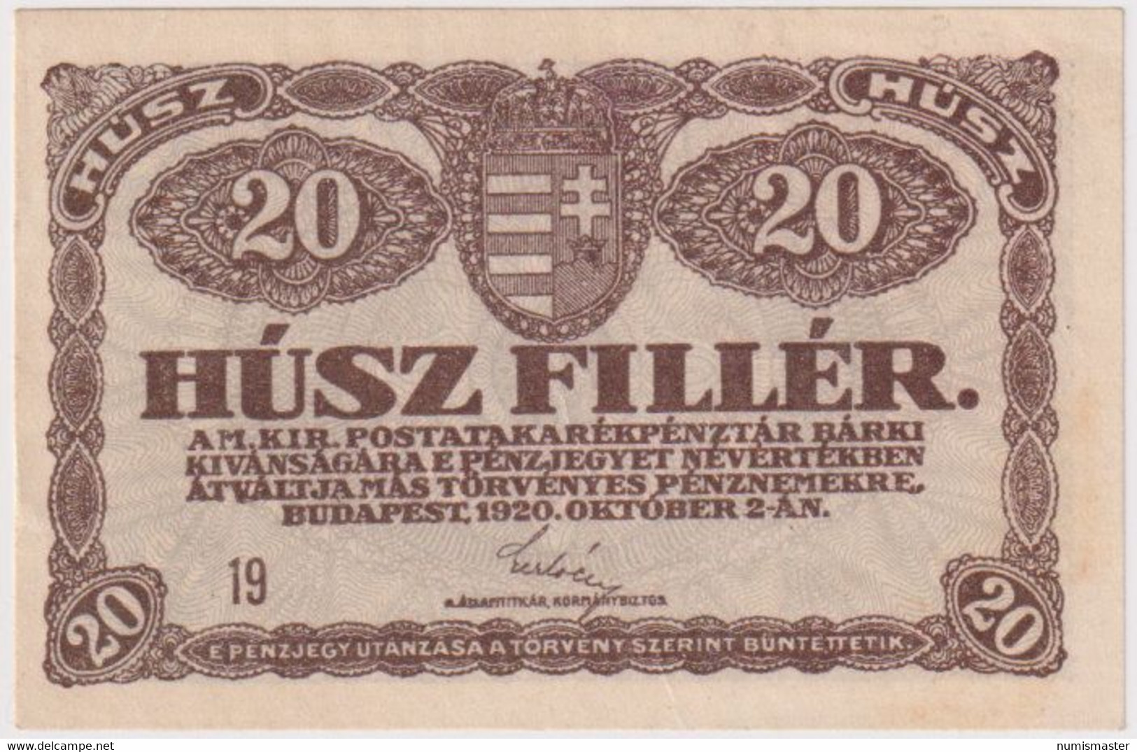 HUNGARY , 20 FILLER 2.10.1920. - Hongrie