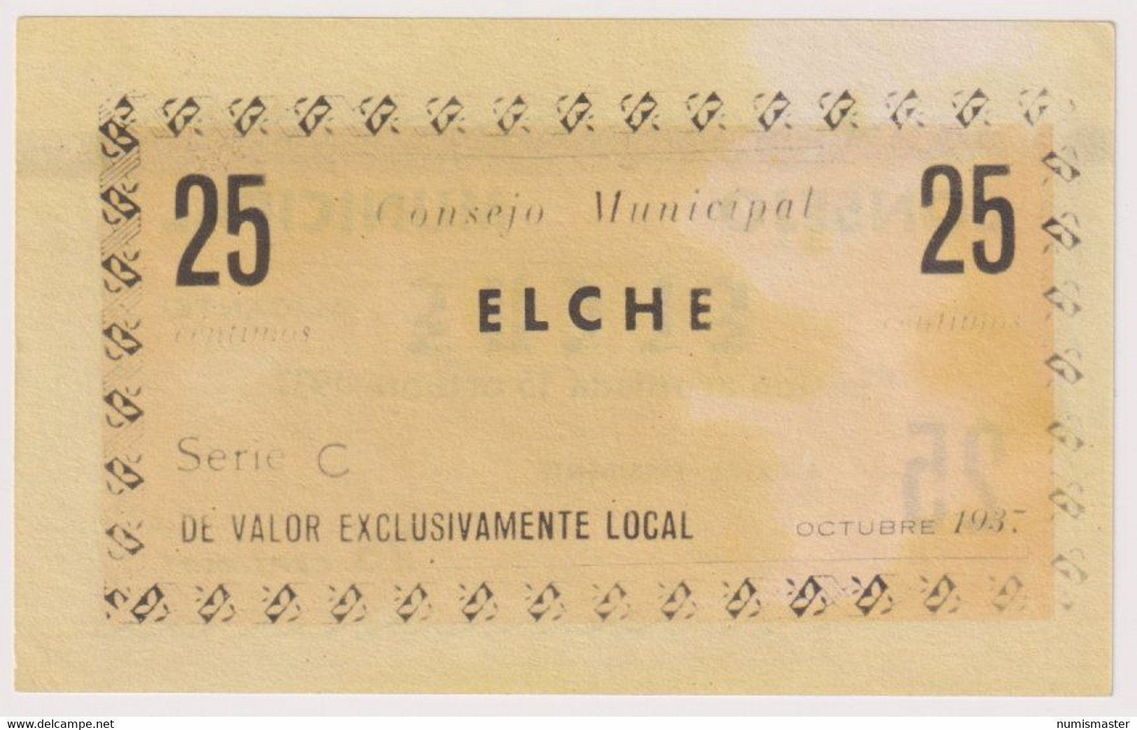 SPAIN , ELCHE 25 CENTIMOS 1937 - Andere & Zonder Classificatie