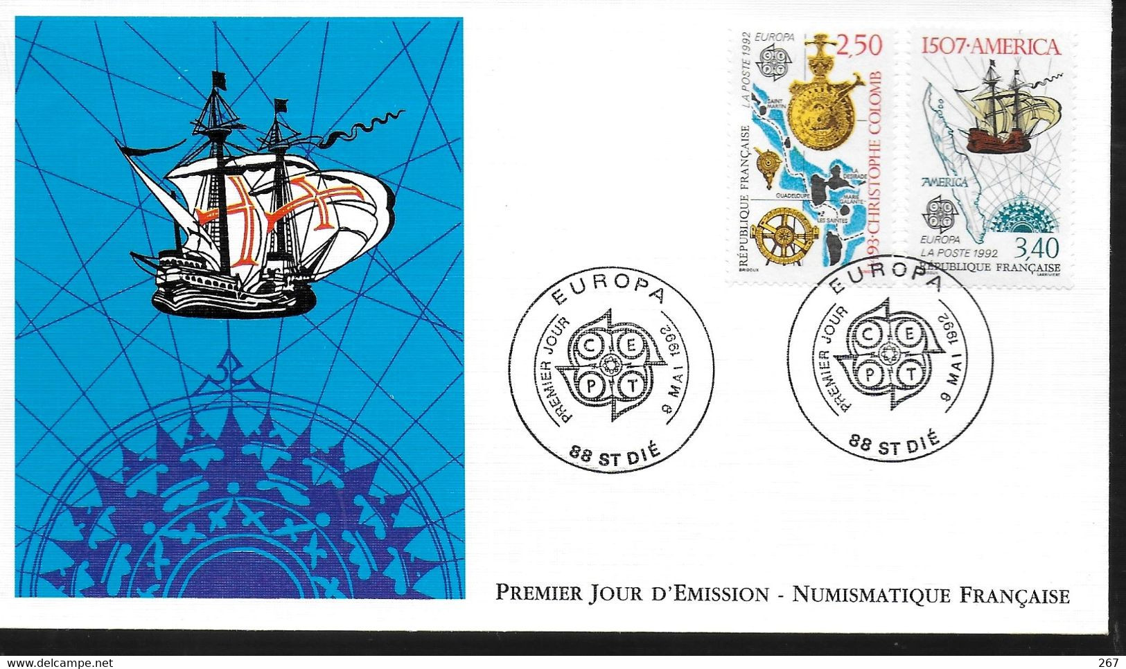 FRANCE FDC 1992  Saint Dié Europa Bateaux Christophe Colomb - Christopher Columbus