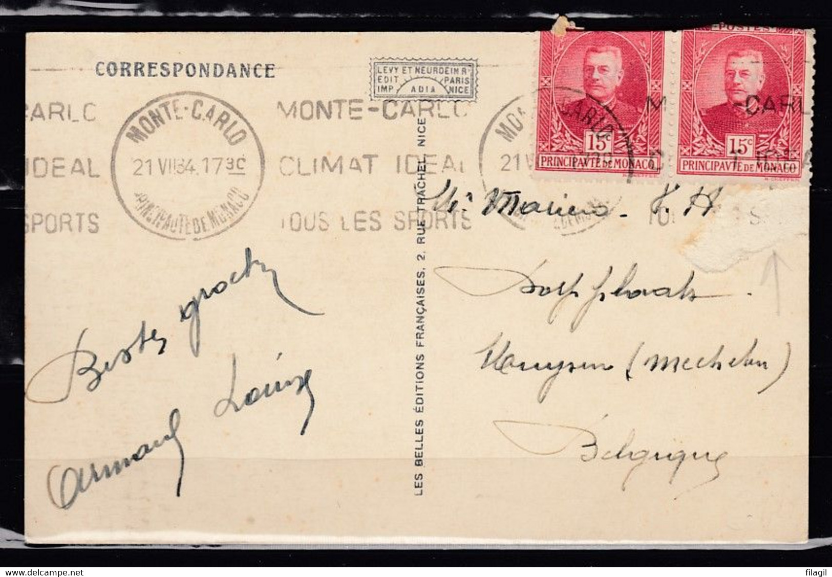 Postkaart Van Monte Carlo Naar Muysen (Mechelen) (Belgie) - Covers & Documents