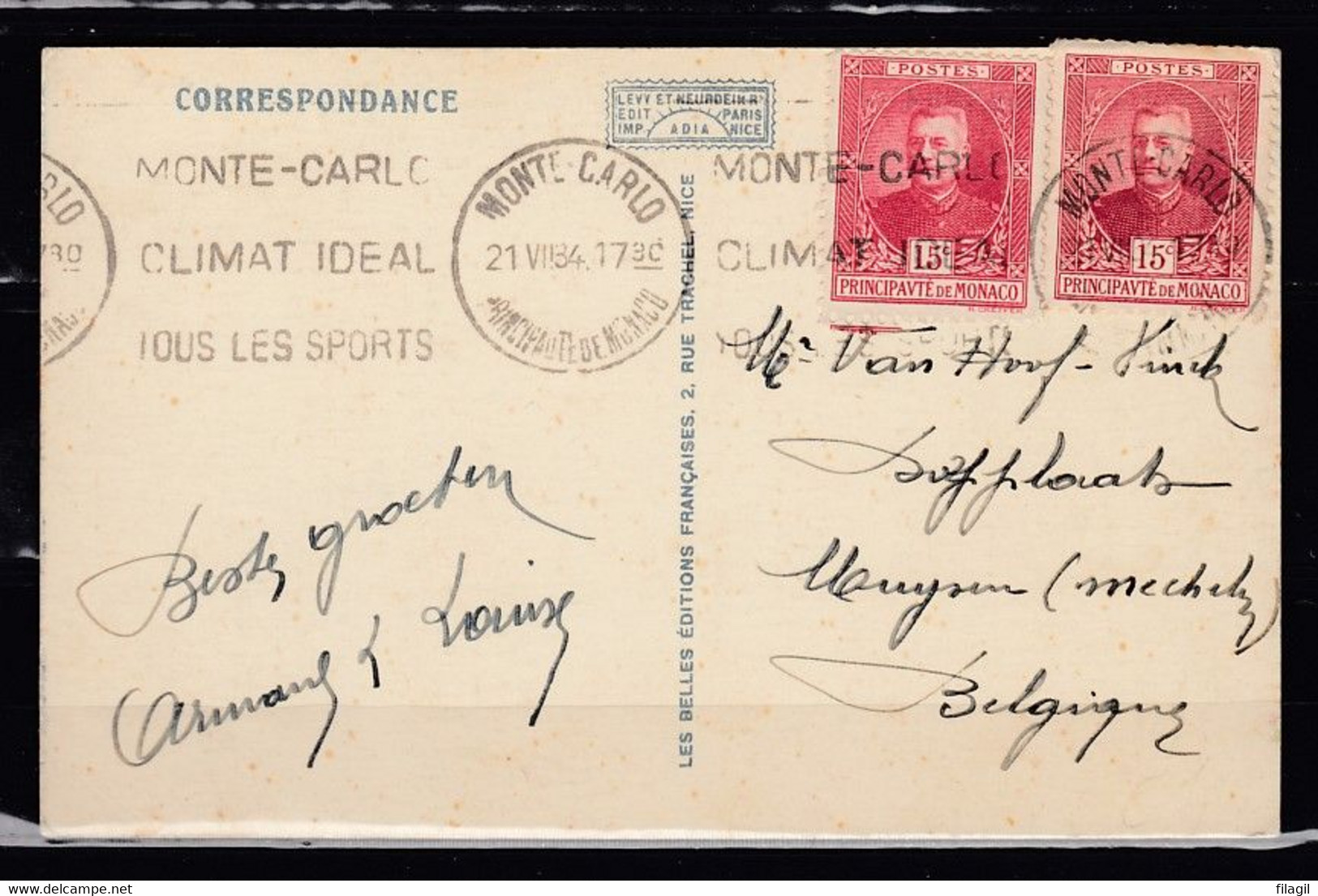 Postkaart Van Monte Carlo Naar Muysen (Mechelen) (Belgie) - Briefe U. Dokumente