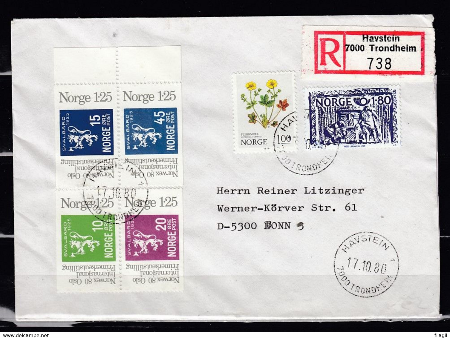 Aangetekende Brief Van Havstein Trondheim Naar Bonn - Storia Postale
