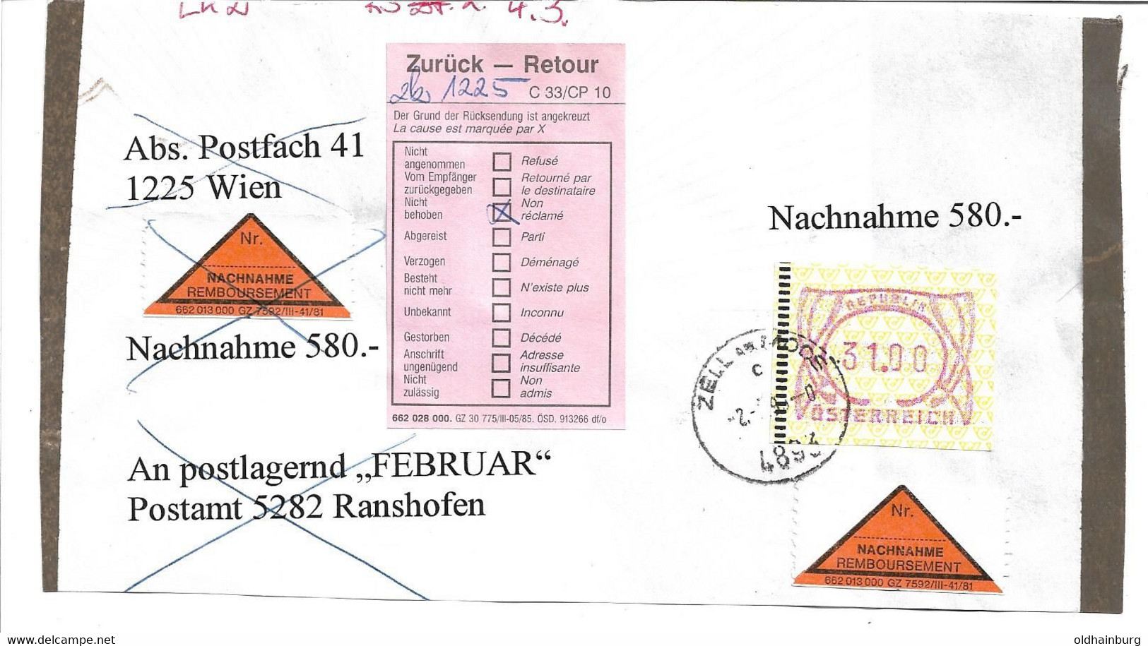 1580m: Heimatbeleg 4893 Zell Am Moos 1995, Automatenmarken- Frankatur Nachnahme Portogerecht - Vöcklabruck
