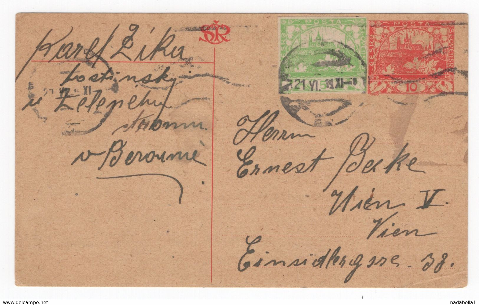 1921. CZECHOSLOVAKIA,STATIONERY CARD USED TO VIENNA, AUSTRIA - Non Classés