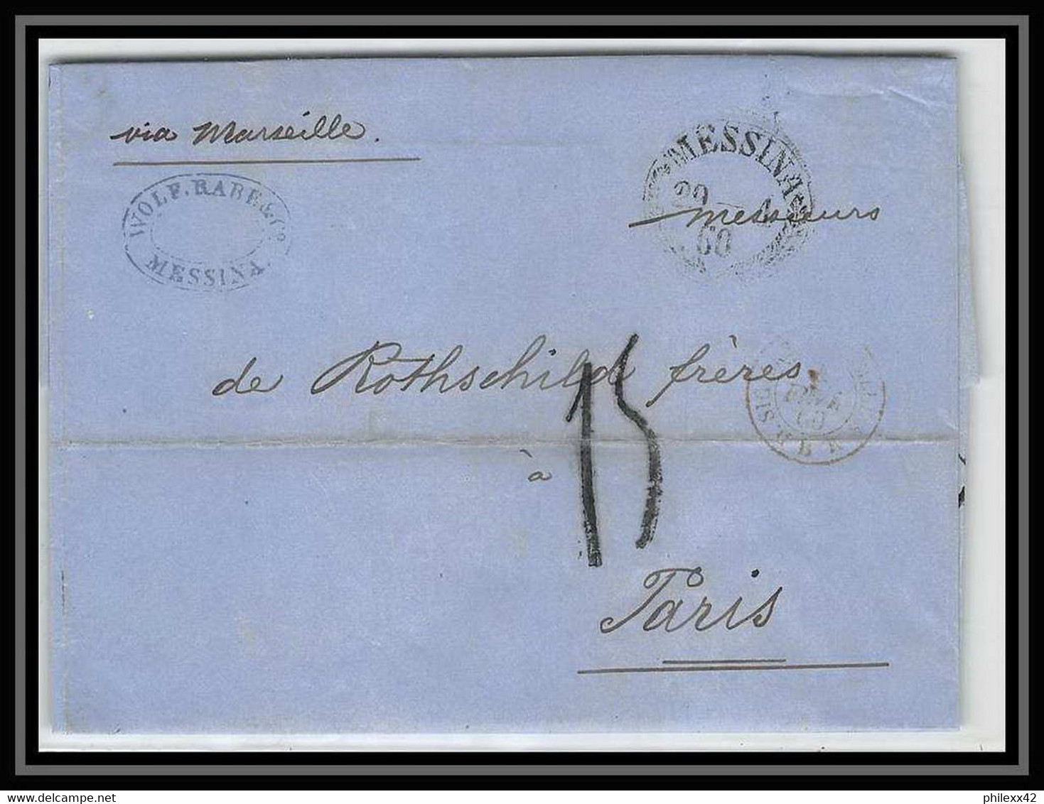 36421 Marseille 1860 Steamer Phase Rothschild Levant Messina Italy Marque Postale (maritime Cover Schiffspost) - Maritime Post