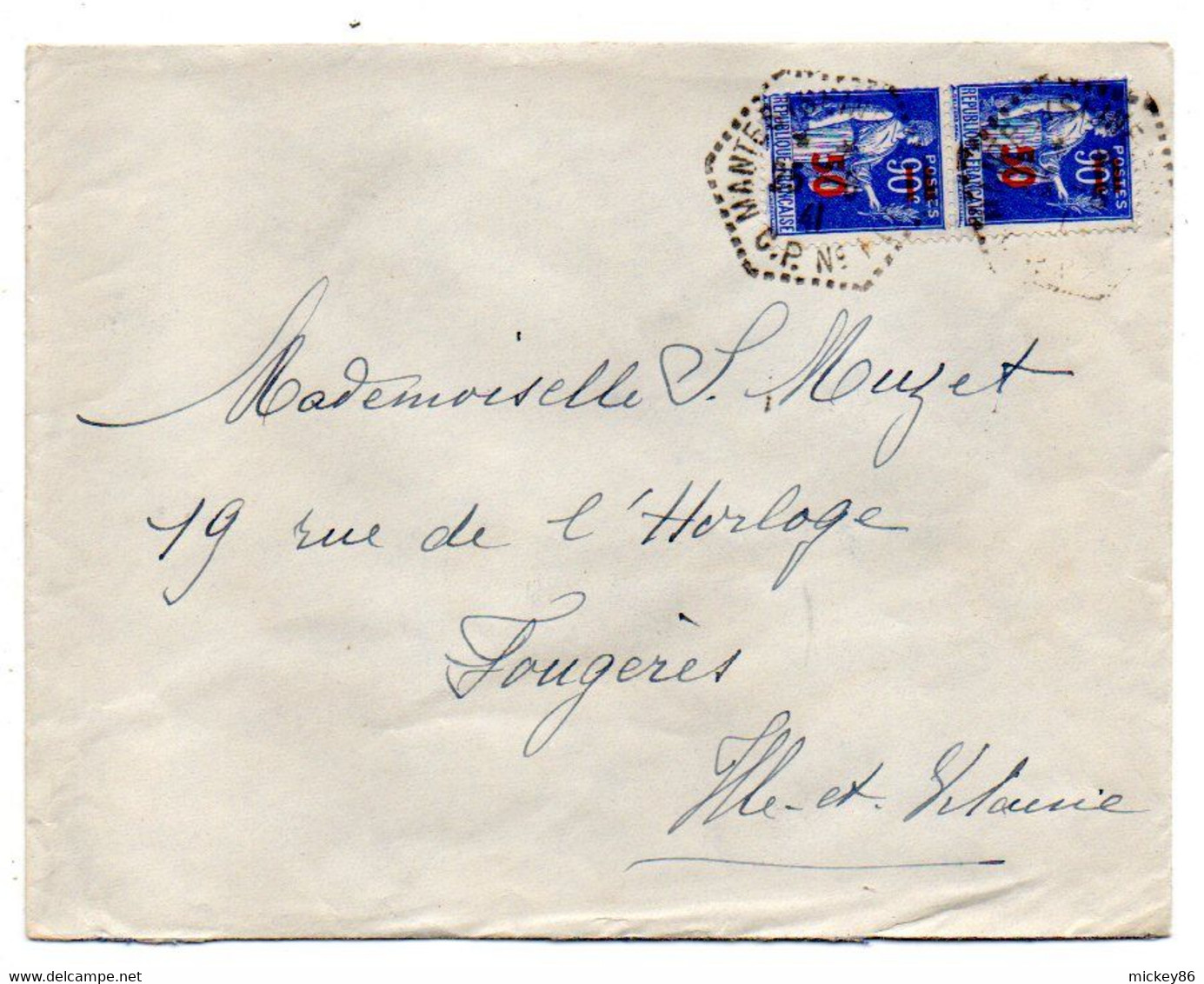 1941-Lettre De MANTES CP N°1 -78  Pour Fougères-35--type PAIX..Paire Verticale--cachet Hexagonal - 1921-1960: Periodo Moderno