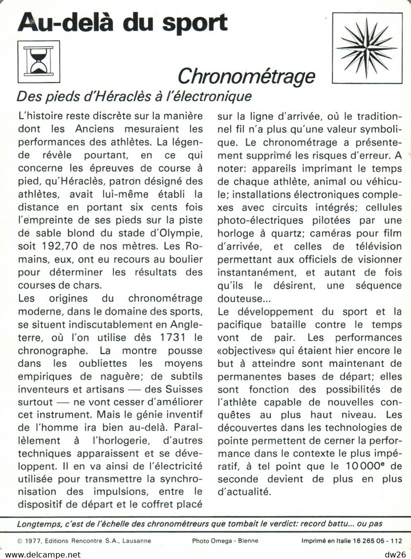 Fiche Sports: Au Delà Du Sport - Le Chronométrage - Photo Oméga - Editions Rencontres 1977 - Sport