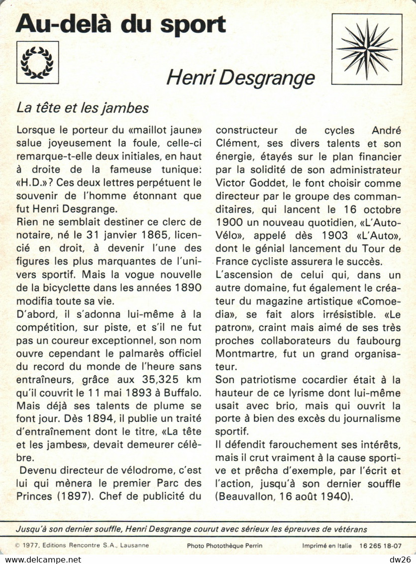 Fiche Sports: Au Delà Du Sport - Henri Desgrange, Créateur Du Journal L'Auto-Vélo - Editions Rencontres 1977 - Sport