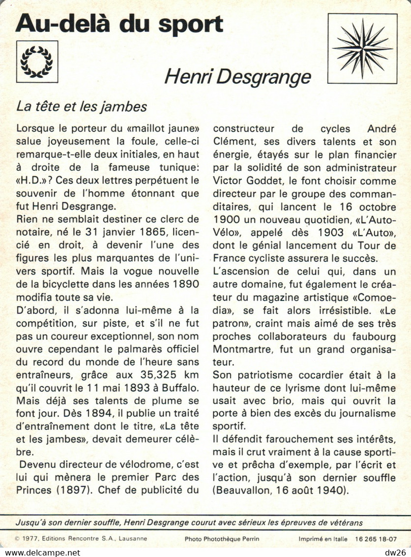 Fiche Sports: Au Delà Du Sport - Henri Desgrange, Créateur Du Journal L'Auto-Vélo - Editions Rencontres 1977 - Sports