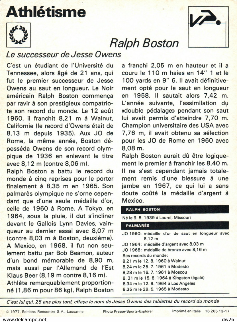 Fiche Sports: Athlétisme - Saut En Longueur: Ralph Boston, Recordman Du Monde Et Champion Olympique 1960 - Deportes