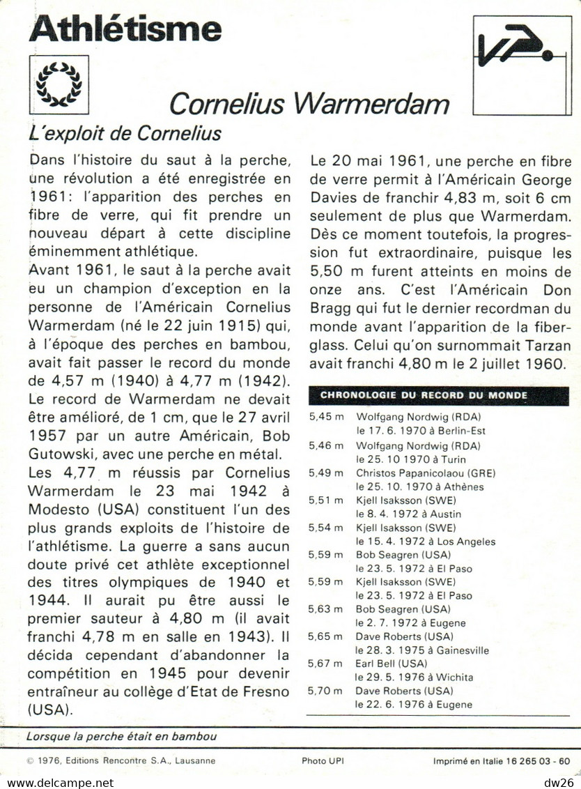 Fiche Sports: Athlétisme - Saut à La Perche: Cornelius Warmerdam, Recordman Du Monde (perche En Bambou) 1942 - Sports