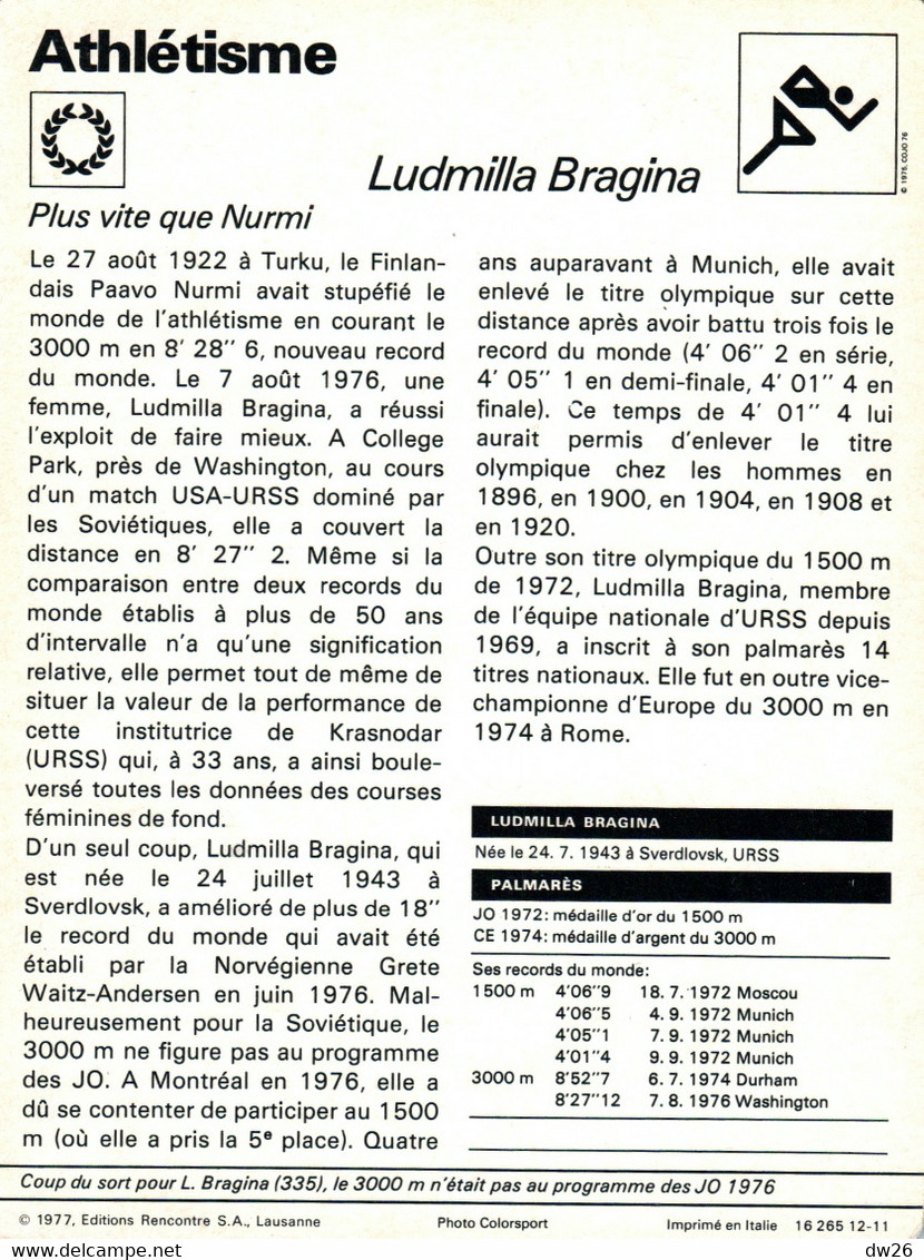 Fiche Sports: Athlétisme - Course Demi-fond: Ludmilla Bragina (U.R.S.S.), Recordwoman Du Monde 1500 M - Sport