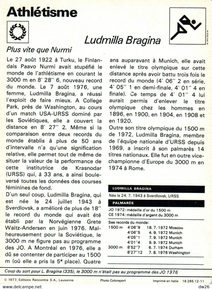 Fiche Sports: Athlétisme - Course Demi-fond: Ludmilla Bragina (U.R.S.S.), Recordwoman Du Monde 1500 M - Sports