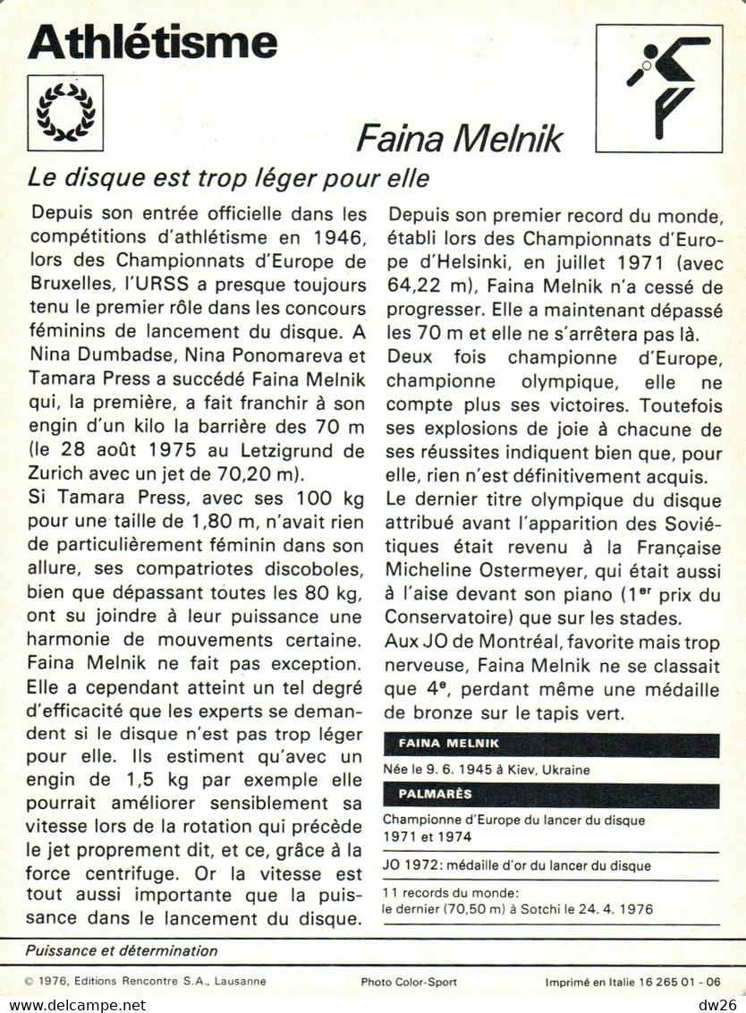 Fiche Sports: Athlétisme - Lancer Du Disque: Faina Melnik, Recordwoman Du Monde Et Championne Olympique 1976 - Deportes