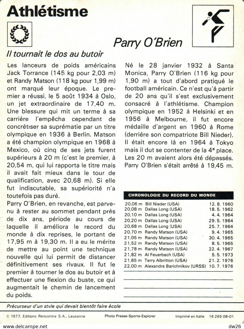 Fiche Sports: Athlétisme - Lancer Du Poids: Parry (Pat) O'Brien, Recordwoman Du Monde Et Champion Olympique 1976 - Sports