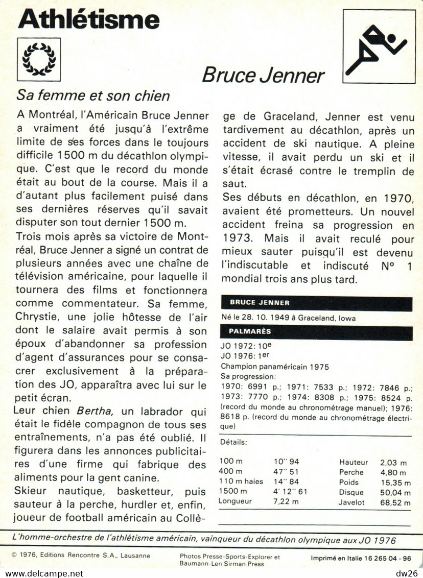 Fiche Sports: Athlétisme - Décathlon: Bruce Jenner, Recordwoman Du Monde Et Champion Olympique 1976 - Deportes
